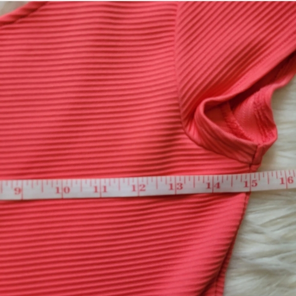 French Connection Dress Sz 4 Ribbed Stretch Fit & Flare Pink Coral Peach Pocket - Picture 6 of 9